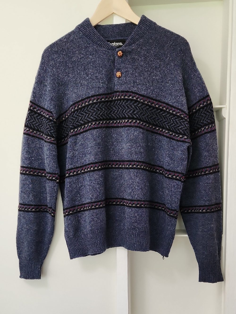 Vintage Jantzen Henley Knit Sweater XL Fair Isle Striped Blue Boho Grandpa